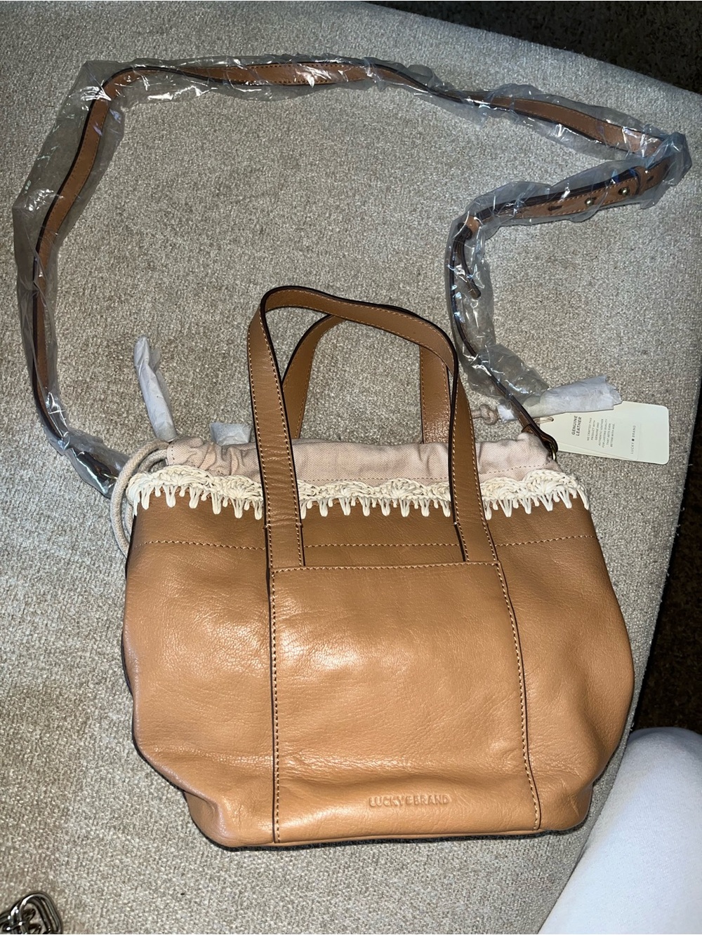 Lucky Brand Tan Leather Crossbody Tote with Cream Lace Trim